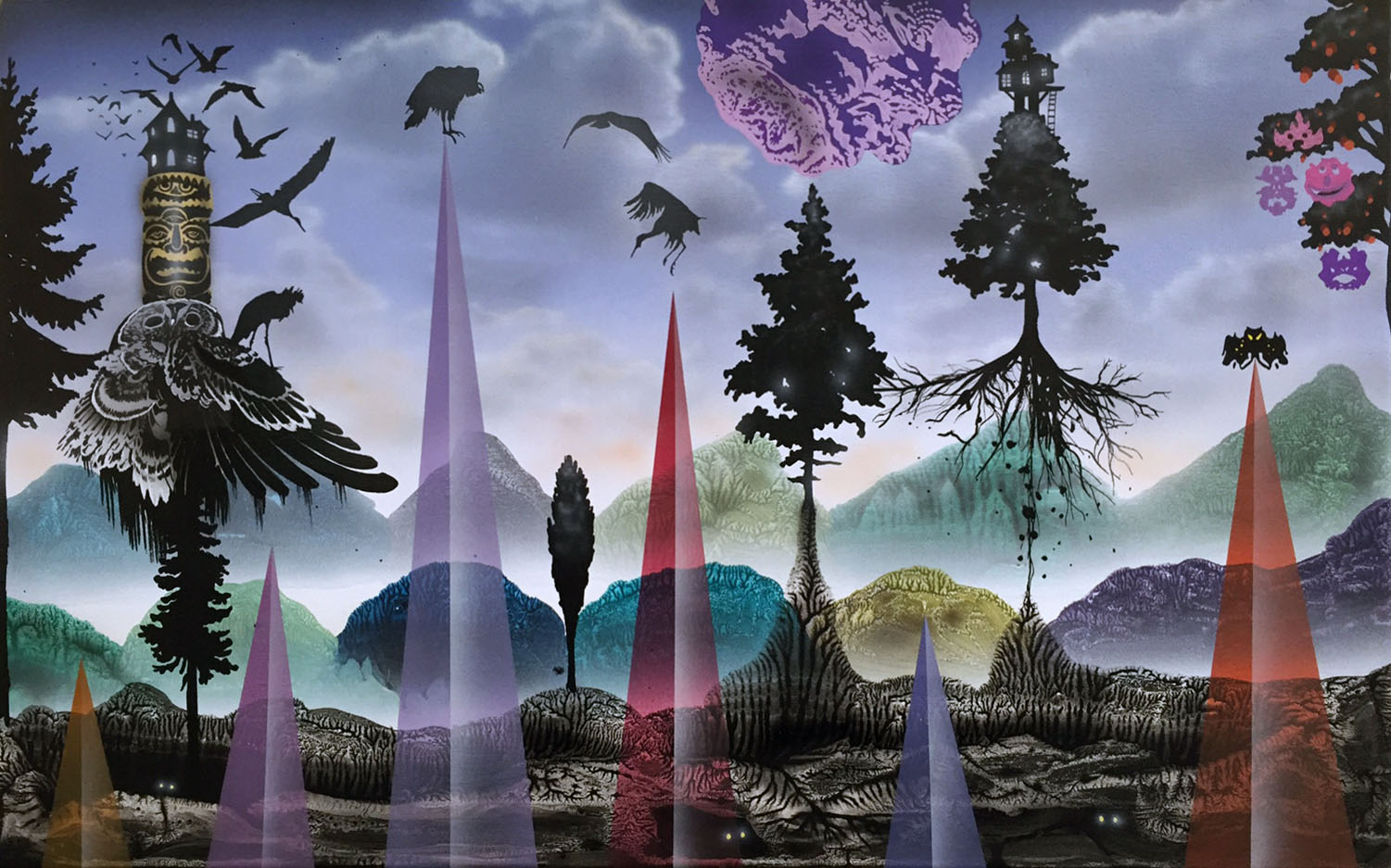 Træerne Vokser Ind i Himlen (The Owls Are What They Seem) - akryl på lærred 50x80 cm, 2016